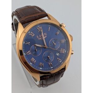 Lige Watch Chrono Men 44mm Rose Gold Case Brown Leather Band- New Battery